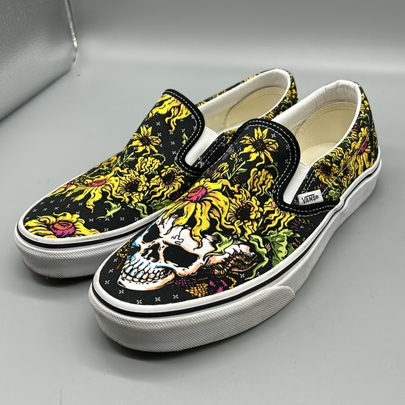 Women Vans Slip On Beauty Skull Skate Shoe Size 8.5 Sunflower Skull - Picture 3 of 9